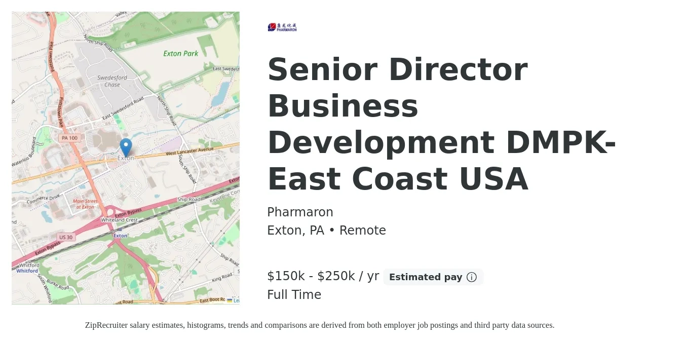 Pharmaron job posting for a Senior Director Business Development DMPK- East Coast USA in Exton, PA with a salary of $90,200 to $146,200 Yearly with a map of Exton location.