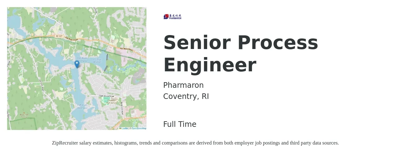 Pharmaron job posting for a Senior Process Engineer in Coventry, RI with a salary of $110,000 to $130,000 Yearly with a map of Coventry location.
