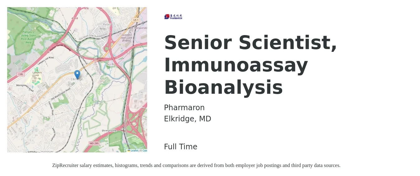 Pharmaron job posting for a Senior Scientist, Immunoassay Bioanalysis in Elkridge, MD with a salary of $90,400 to $123,500 Yearly with a map of Elkridge location.
