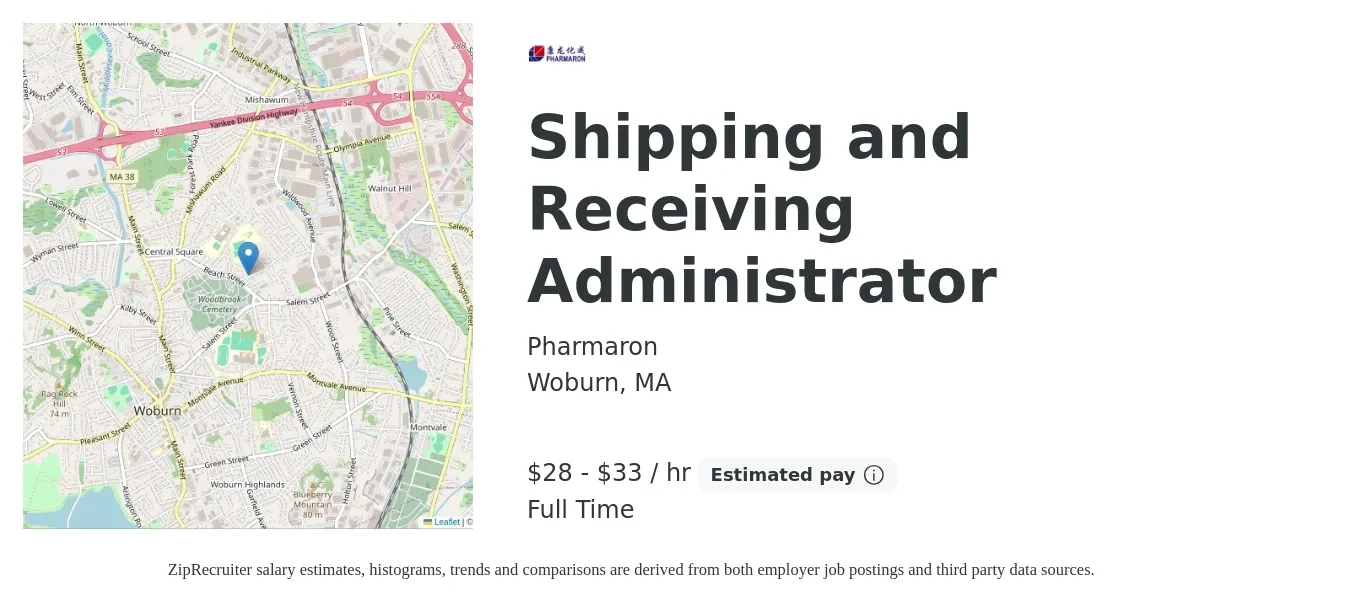 Pharmaron job posting for a Shipping and Receiving Administrator in Woburn, MA with a salary of $30 to $35 Hourly with a map of Woburn location.