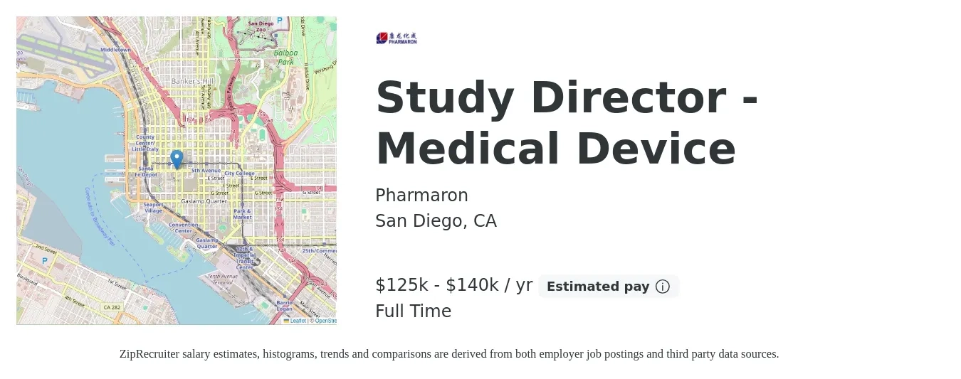 Pharmaron job posting for a Study Director, Medical Device in San Diego, CA with a salary of $100,000 to $115,000 Yearly with a map of San Diego location.