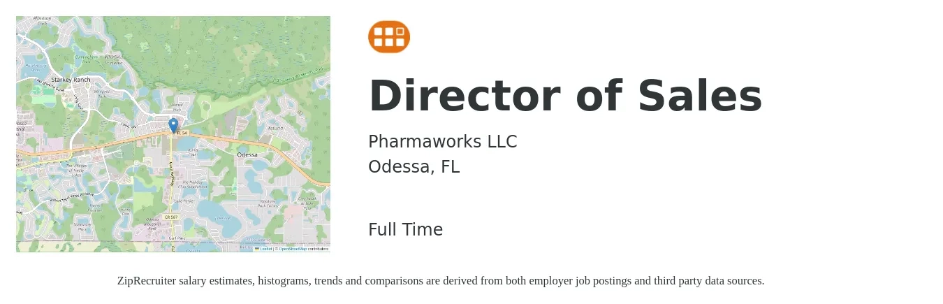 Pharmaworks LLC job posting for a Director of Sales in Odessa, FL with a salary of $61,600 to $109,200 Yearly with a map of Odessa location.