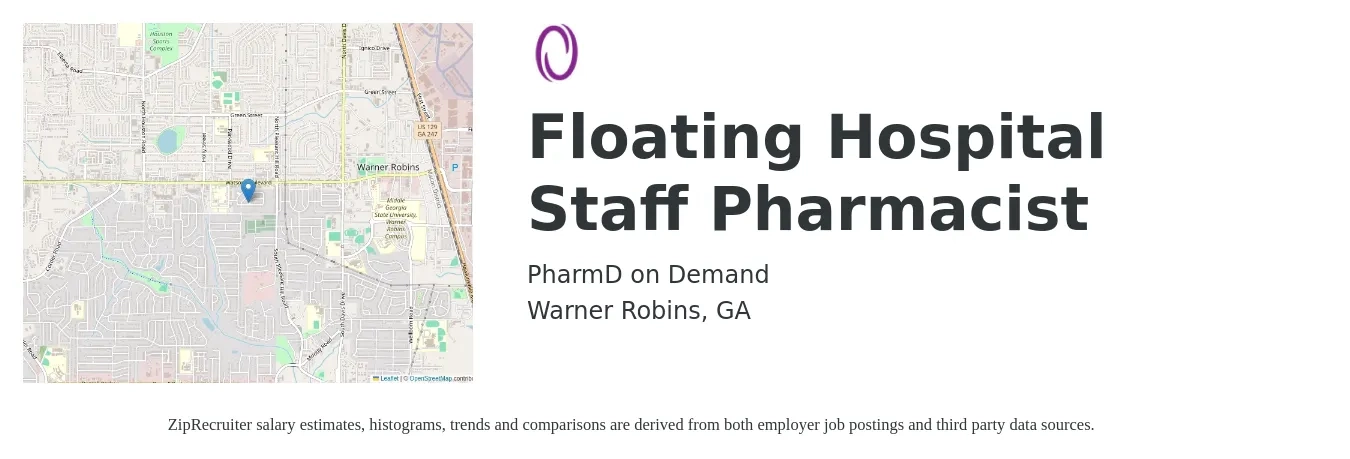 PharmD on Demand job posting for a Floating Hospital Staff Pharmacist in Warner Robins, GA with a salary of $51 to $60 Hourly with a map of Warner Robins location.