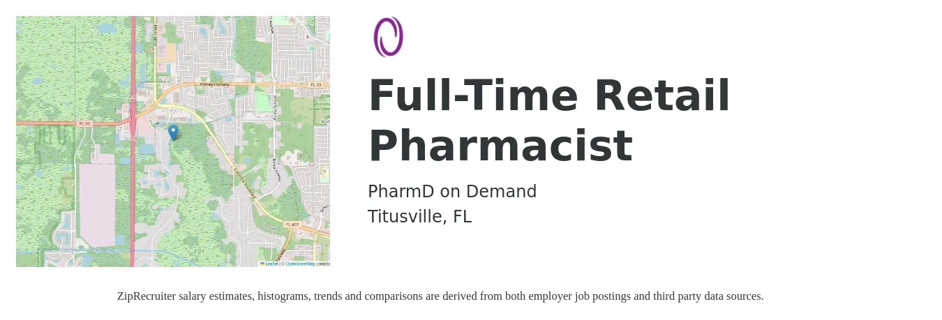 PharmD on Demand job posting for a Full-Time Retail Pharmacist in Titusville, FL with a salary of $48 to $58 Hourly with a map of Titusville location.