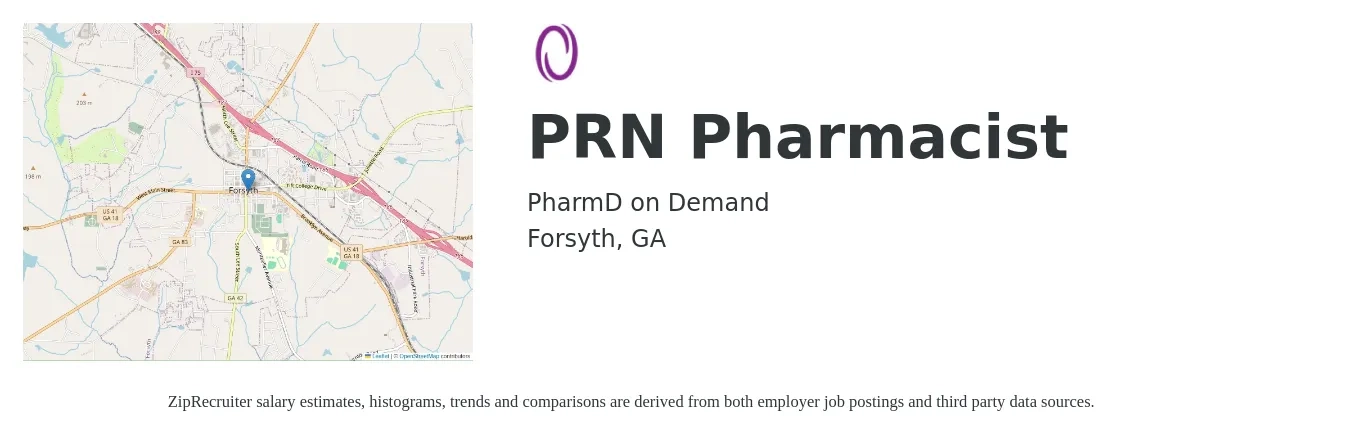 PharmD on Demand job posting for a PRN Pharmacist in Forsyth, GA with a salary of $51 to $61 Hourly with a map of Forsyth location.