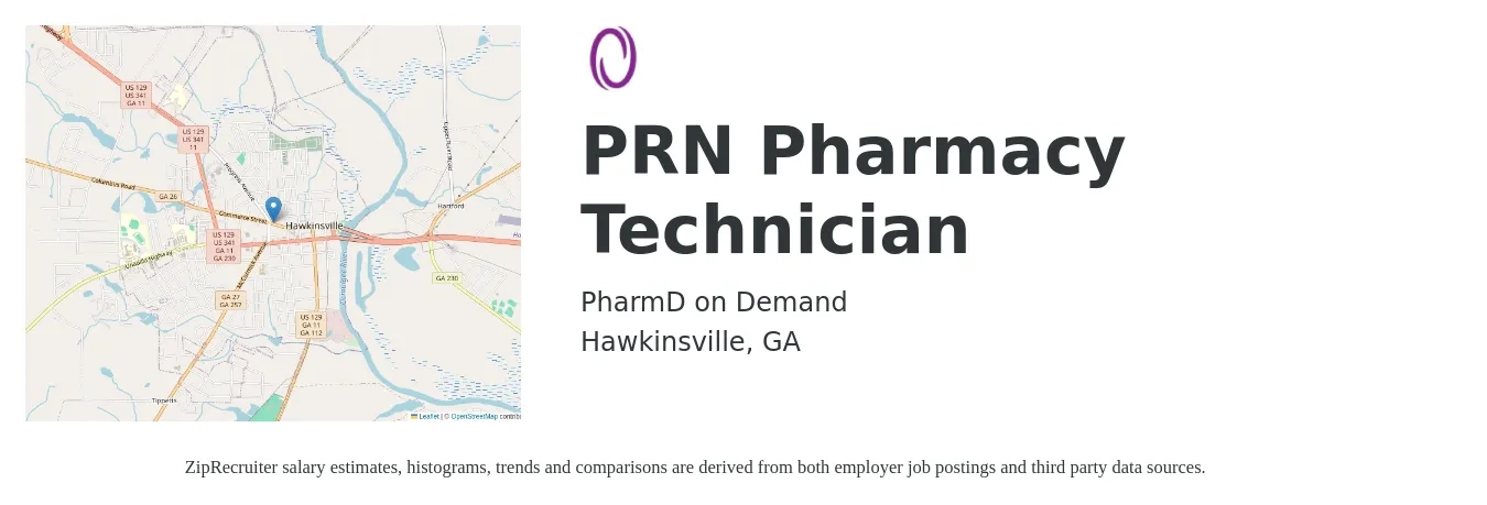 PharmD on Demand job posting for a PRN Pharmacy Technician in Hawkinsville, GA with a salary of $14 to $16 Hourly with a map of Hawkinsville location.