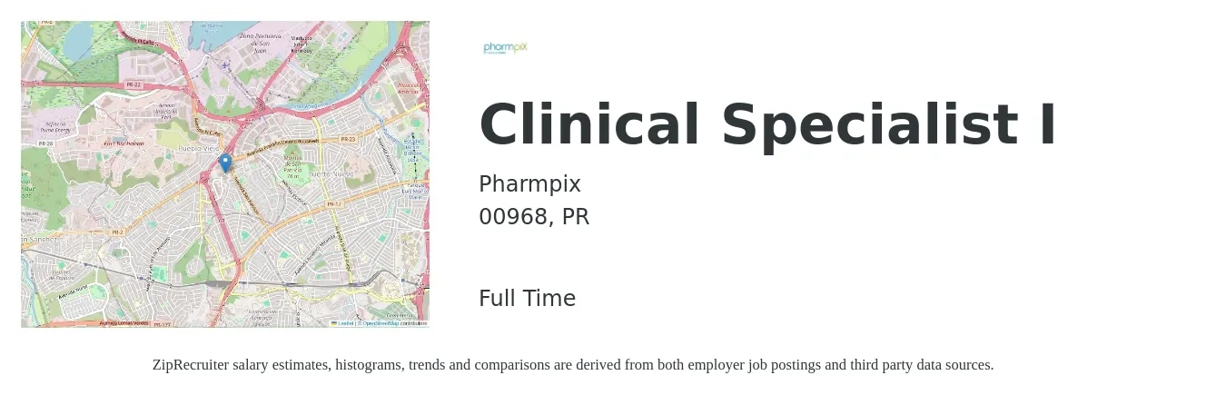 Pharmpix job posting for a Clinical Specialist I in 00968, PR with a salary of $103,300 to $120,500 Yearly with a map of 00968 location.