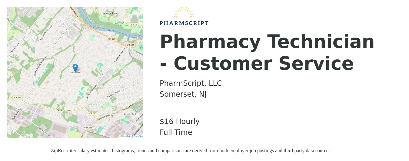 PharmScript, LLC job posting for a Pharmacy Technician - Customer Service in Somerset, NJ with a salary of $17 Hourly with a map of Somerset location.