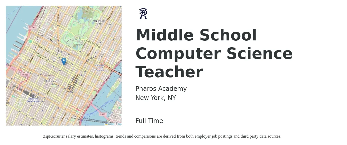 Pharos Academy job posting for a Middle School Computer Science Teacher in New York, NY with a salary of $80,000 to $85,000 Yearly with a map of New York location.