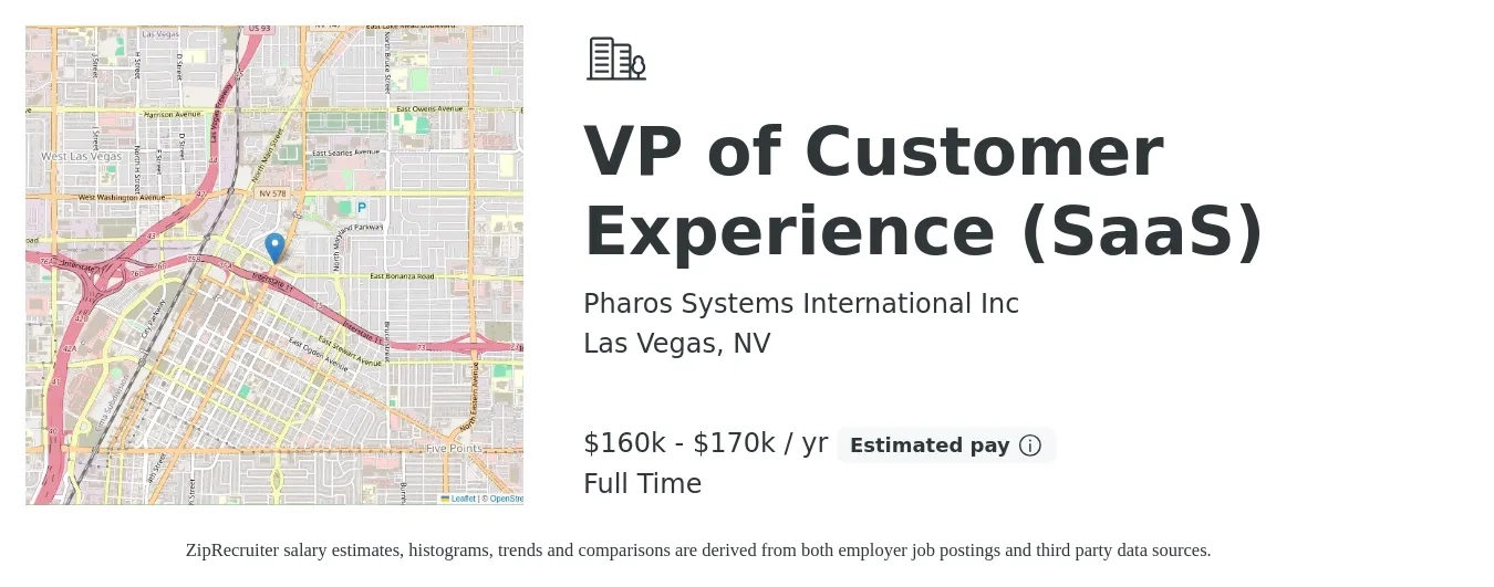 Pharos Systems International Inc job posting for a VP of Customer Experience (SaaS) in Las Vegas, NV with a salary of $160,000 to $170,000 Yearly with a map of Las Vegas location.