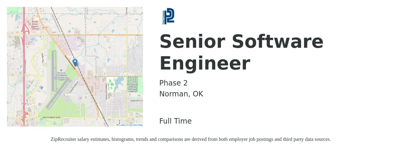 Phase 2 job posting for a Senior Software Engineer in Norman, OK with a salary of $97,100 to $128,000 Yearly with a map of Norman location.
