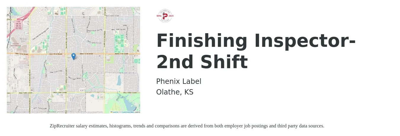 Phenix Label job posting for a Finishing Inspector-2nd Shift in Olathe, KS with a map of Olathe location.