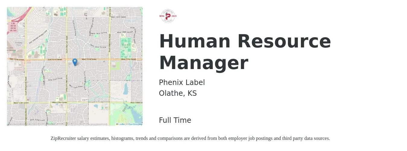 Phenix Label job posting for a Human Resource Manager in Olathe, KS with a salary of $66,800 to $96,800 Yearly with a map of Olathe location.