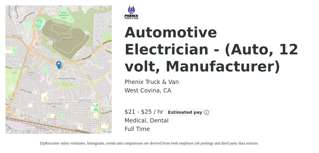 Phenix Truck & Van job posting for a Automotive Electrician - (Auto, 12 volt, Manufacturer) in West Covina, CA with a salary of $22 to $26 Hourly and benefits including medical, retirement, and dental with a map of West Covina location.