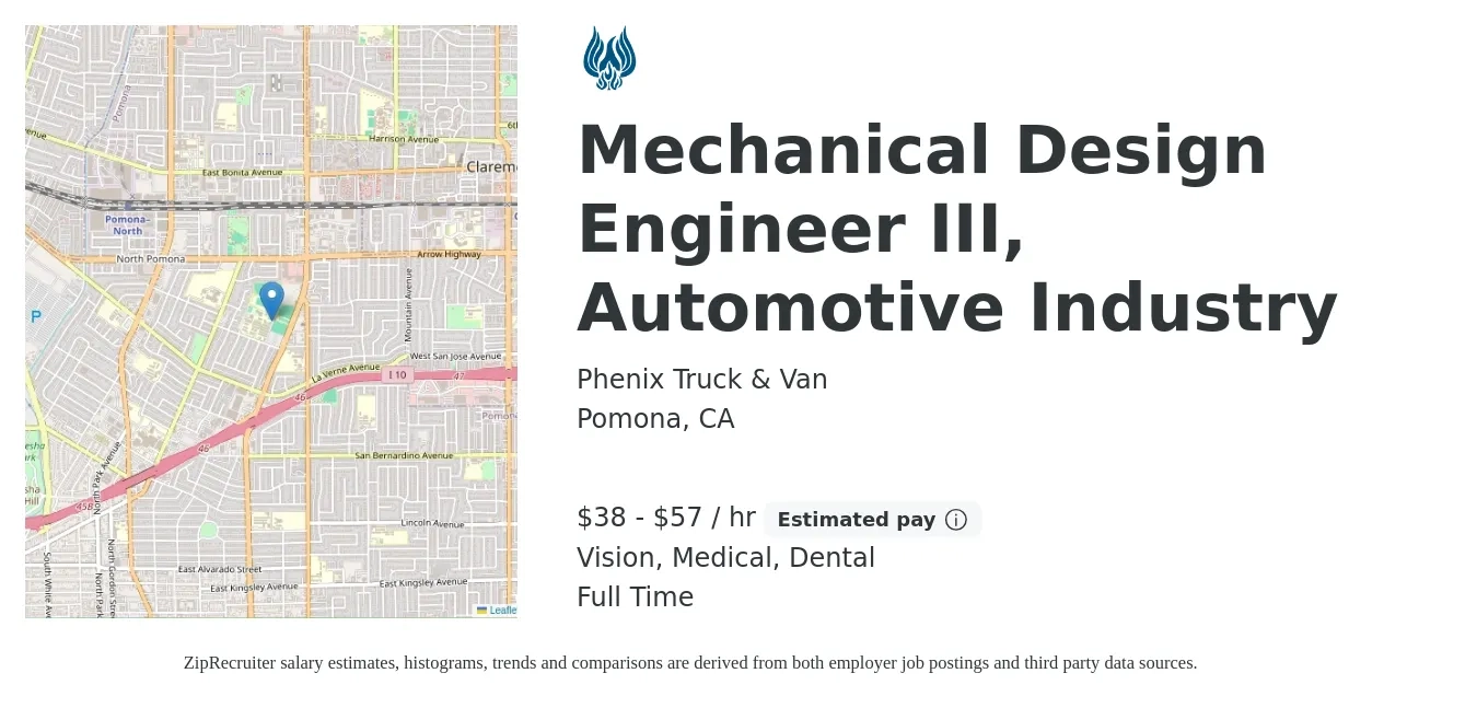 Phenix Truck & Van job posting for a Mechanical Design Engineer III, Automotive Industry in Pomona, CA with a salary of $40 to $60 Hourly and benefits including medical, pto, retirement, vision, and dental with a map of Pomona location.