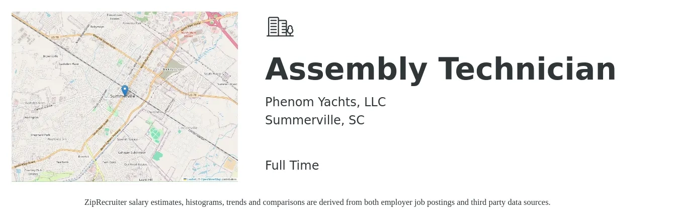 Phenom Yachts, LLC job posting for a Assembly Technician in Summerville, SC with a salary of $16 to $20 Hourly with a map of Summerville location.