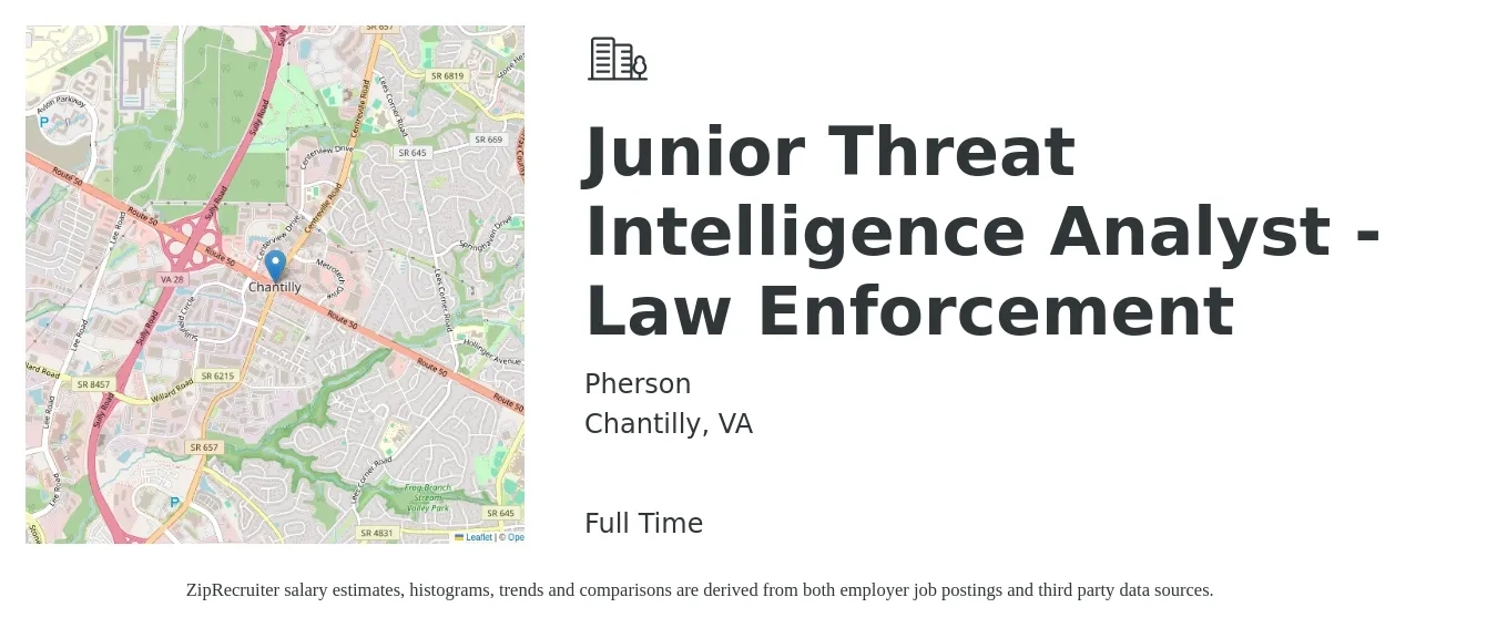 Pherson job posting for a Junior Threat Intelligence Analyst - Law Enforcement in Chantilly, VA with a salary of $49,100 to $105,500 Yearly with a map of Chantilly location.