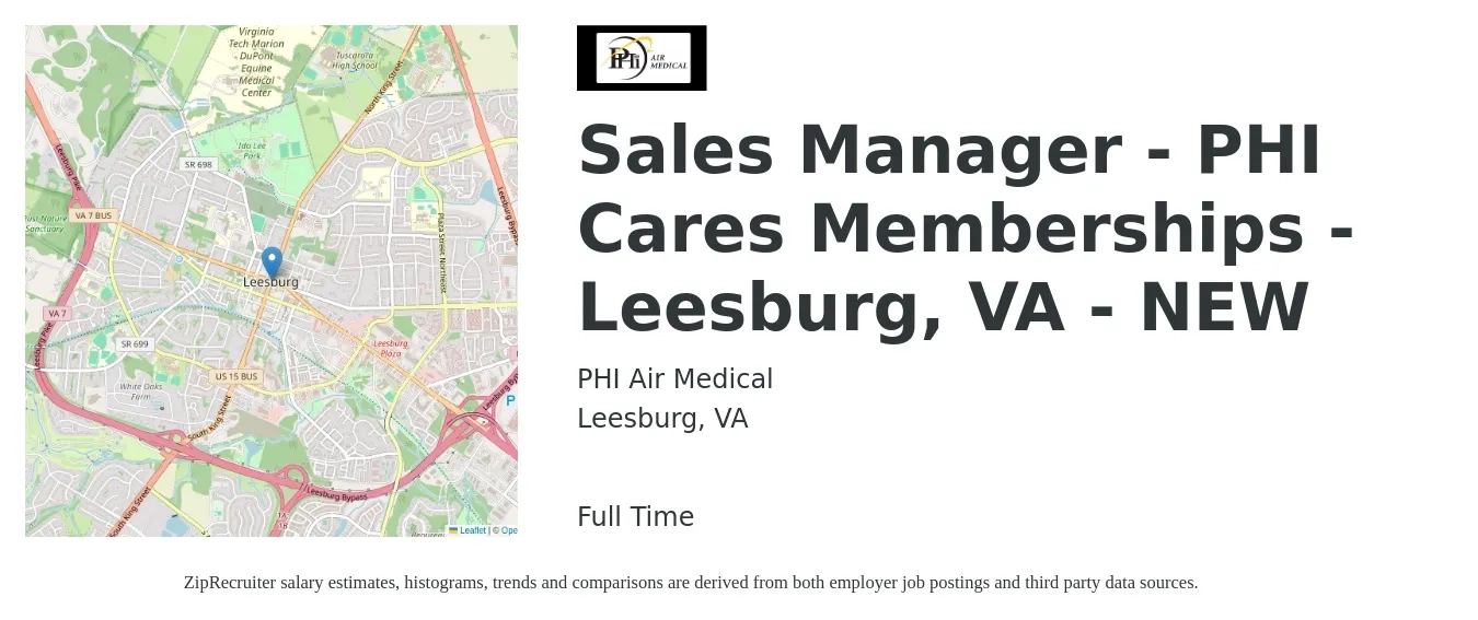 PHI Air Medical job posting for a Sales Manager - PHI Cares Memberships - Leesburg, VA - NEW in Leesburg, VA with a salary of $45,500 to $97,600 Yearly with a map of Leesburg location.