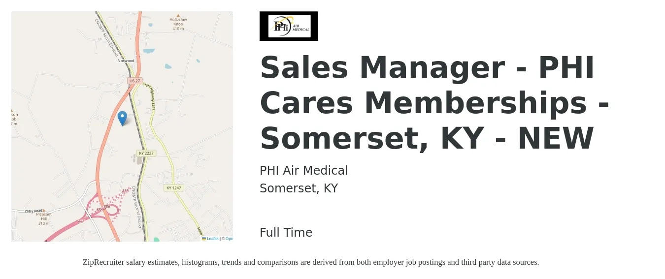 PHI Air Medical job posting for a Sales Manager - PHI Cares Memberships - Somerset, KY - NEW in Somerset, KY with a salary of $39,000 to $83,700 Yearly with a map of Somerset location.