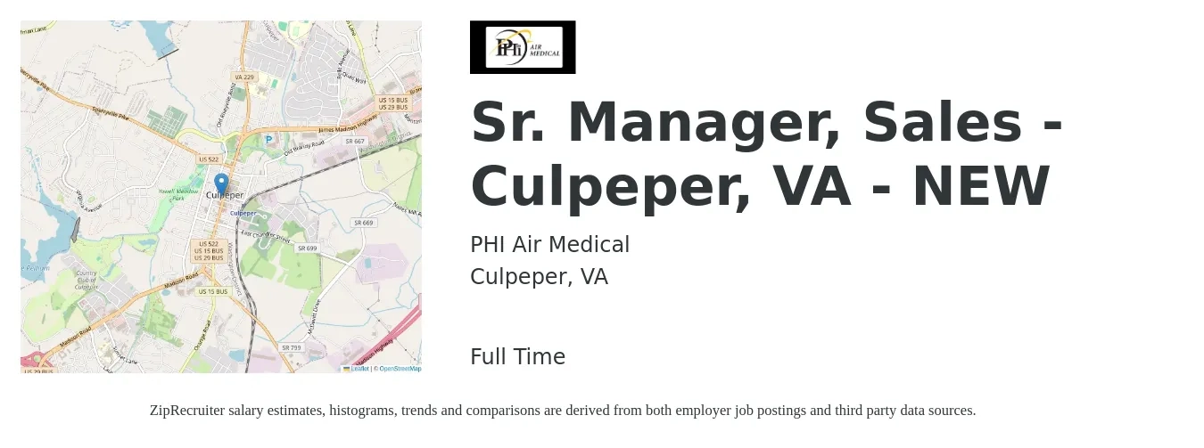 PHI Air Medical job posting for a Sr. Manager, Sales - Culpeper, VA - NEW in Culpeper, VA with a salary of $66,400 to $102,000 Yearly with a map of Culpeper location.