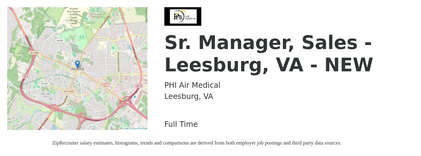 PHI Air Medical job posting for a Sr. Manager, Sales - Leesburg, VA - NEW in Leesburg, VA with a salary of $67,800 to $104,200 Yearly with a map of Leesburg location.