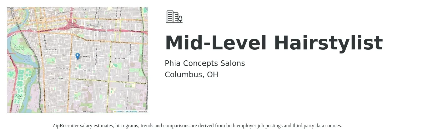 Phia Concepts Salons job posting for a Mid-Level Hairstylist in Columbus, OH with a salary of $16 to $24 Hourly with a map of Columbus location.