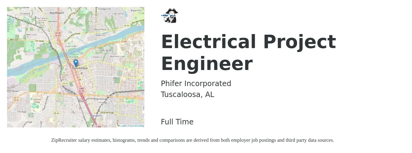 Phifer Incorporated job posting for a Electrical Project Engineer in Tuscaloosa, AL with a salary of $82,500 to $112,500 Yearly with a map of Tuscaloosa location.