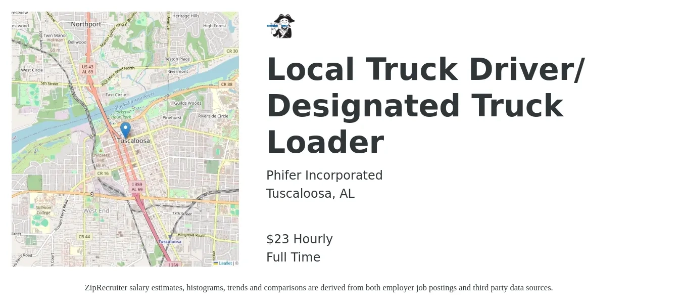 Phifer Incorporated job posting for a Local Truck Driver/ Designated Truck Loader in Tuscaloosa, AL with a salary of $25 Hourly with a map of Tuscaloosa location.
