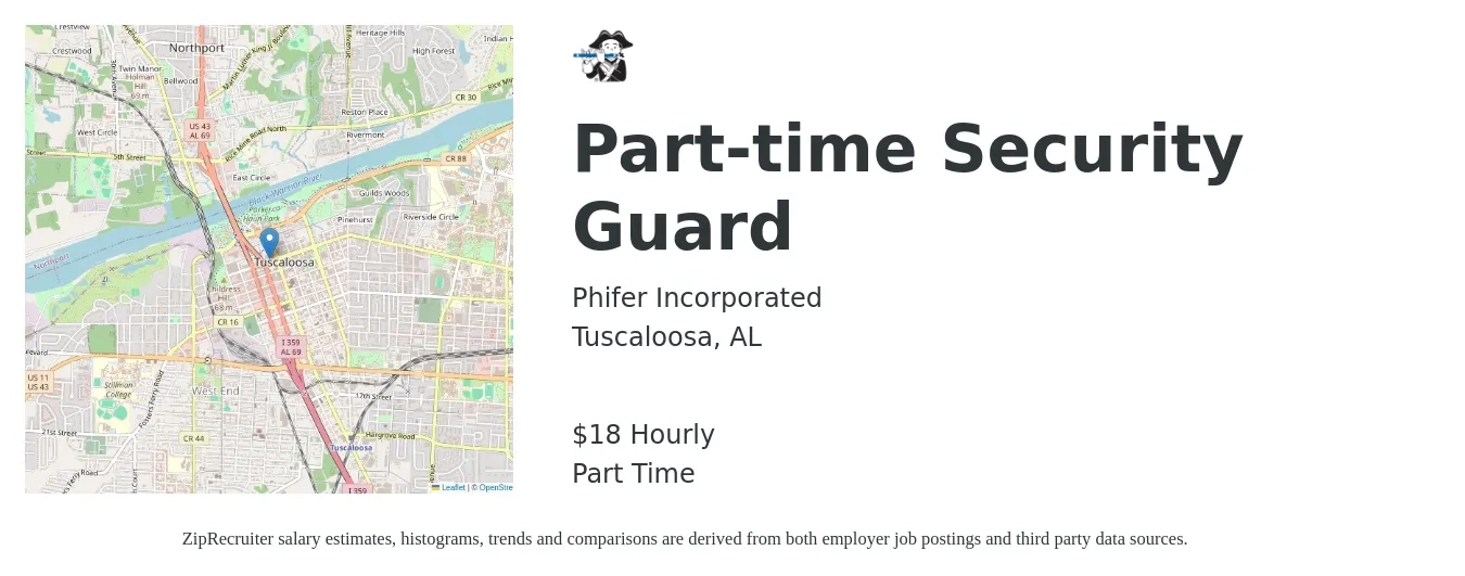 Phifer Incorporated job posting for a Part-time Security Guard in Tuscaloosa, AL with a salary of $19 Hourly with a map of Tuscaloosa location.