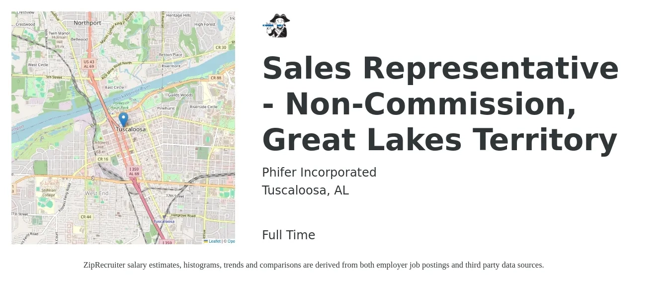 Phifer Incorporated job posting for a Sales Representative - Non-Commission, Great Lakes Territory in Tuscaloosa, AL with a salary of $49,600 to $86,300 Yearly with a map of Tuscaloosa location.