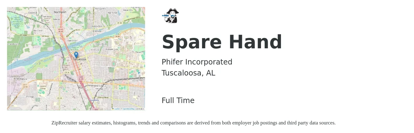 Phifer Incorporated job posting for a Spare Hand in Tuscaloosa, AL with a salary of $18 to $19 Hourly with a map of Tuscaloosa location.