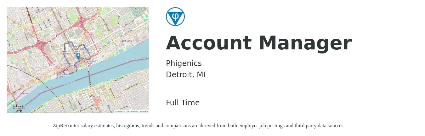 Phigenics job posting for a Account Manager in Detroit, MI with a salary of $47,500 to $77,700 Yearly with a map of Detroit location.