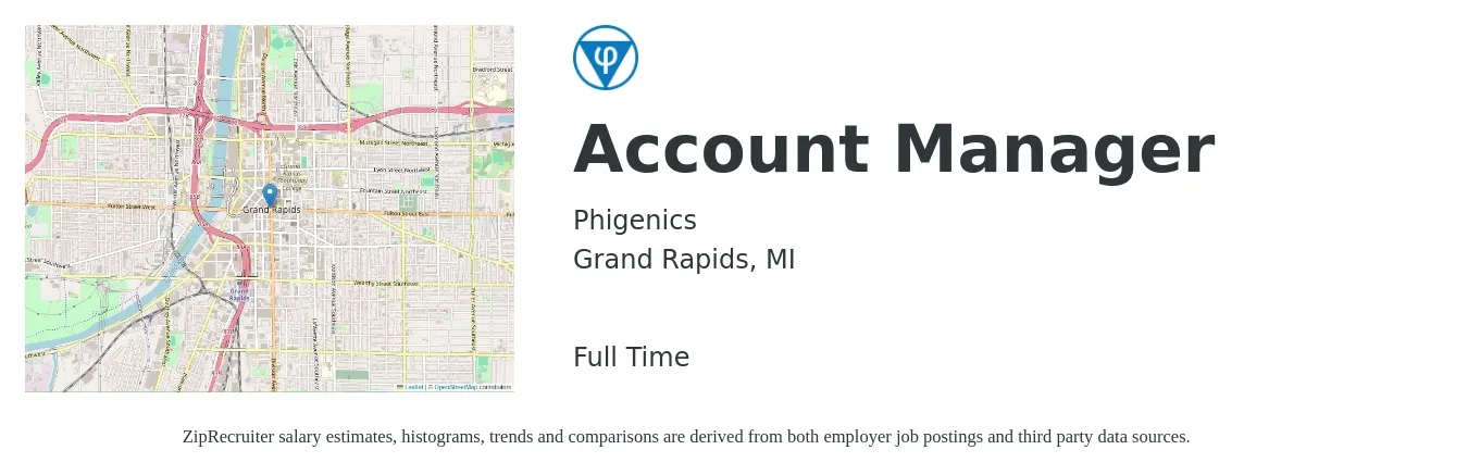 Phigenics job posting for a Account Manager in Grand Rapids, MI with a salary of $46,100 to $75,400 Yearly with a map of Grand Rapids location.