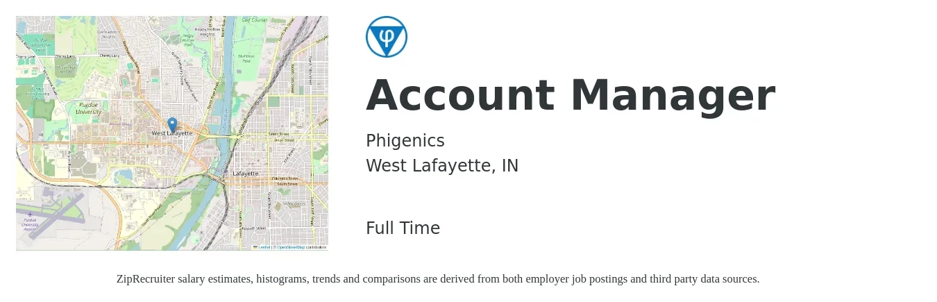 Phigenics job posting for a Account Manager in West Lafayette, IN with a salary of $46,200 to $75,500 Yearly with a map of West Lafayette location.