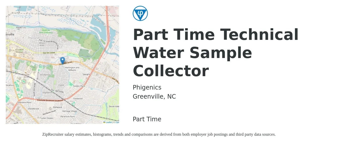 Phigenics job posting for a Part Time Technical Water Sample Collector in Greenville, NC with a salary of $18 to $21 Hourly with a map of Greenville location.