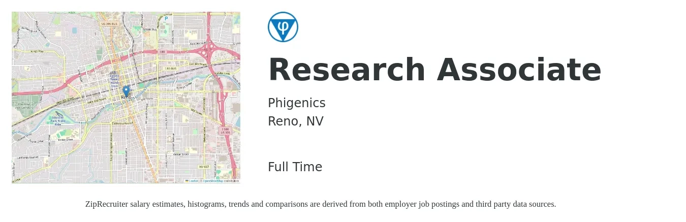 Phigenics job posting for a Research Associate in Reno, NV with a salary of $27 to $38 Hourly with a map of Reno location.