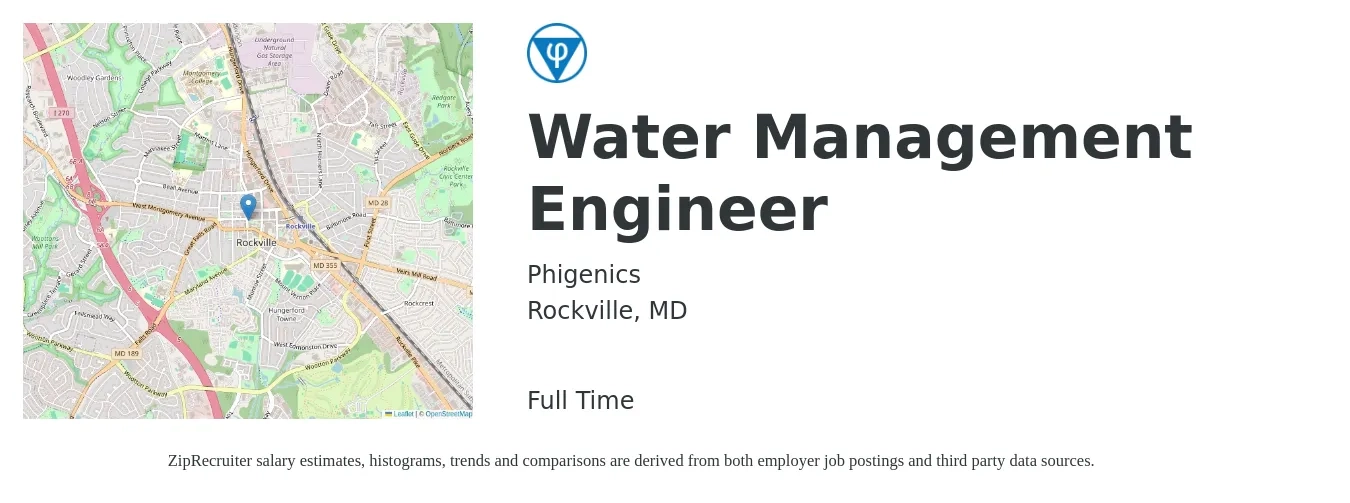 Phigenics job posting for a Water Management Engineer in Rockville, MD with a salary of $40,800 to $75,900 Yearly with a map of Rockville location.