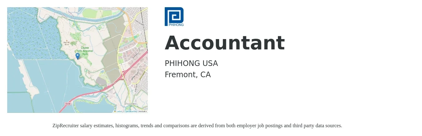 PHIHONG USA job posting for a Accountant in Fremont, CA with a salary of $70,000 to $110,000 Yearly with a map of Fremont location.