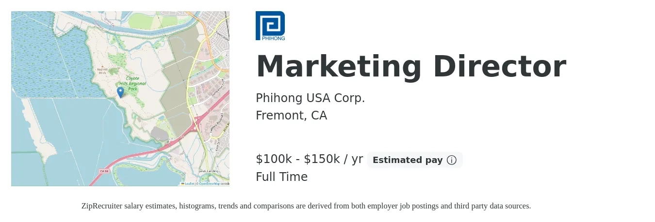 Phihong USA Corp. job posting for a Marketing Director in Fremont, CA with a salary of $100,000 to $150,000 Yearly with a map of Fremont location.