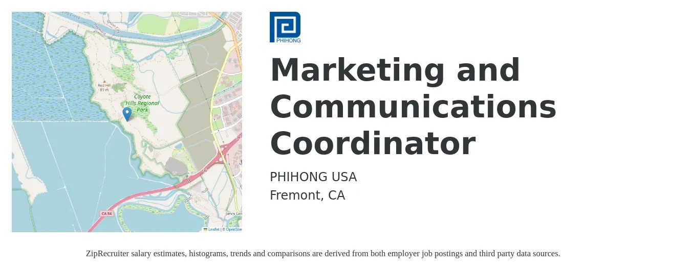 PHIHONG USA job posting for a Marketing and Communications Coordinator in Fremont, CA with a salary of $60 Hourly with a map of Fremont location.