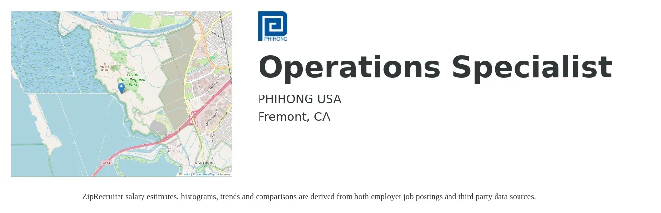 PHIHONG USA job posting for a Operations Specialist in Fremont, CA with a salary of $56,900 to $96,600 Yearly with a map of Fremont location.