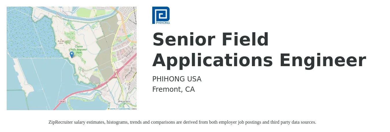 PHIHONG USA job posting for a Senior Field Applications Engineer in Fremont, CA with a salary of $38 to $66 Hourly with a map of Fremont location.