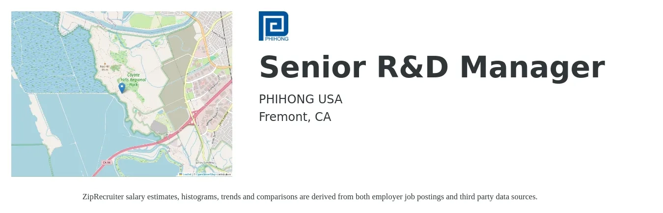 PHIHONG USA job posting for a Senior R&D Manager in Fremont, CA with a salary of $58,100 to $161,800 Yearly with a map of Fremont location.