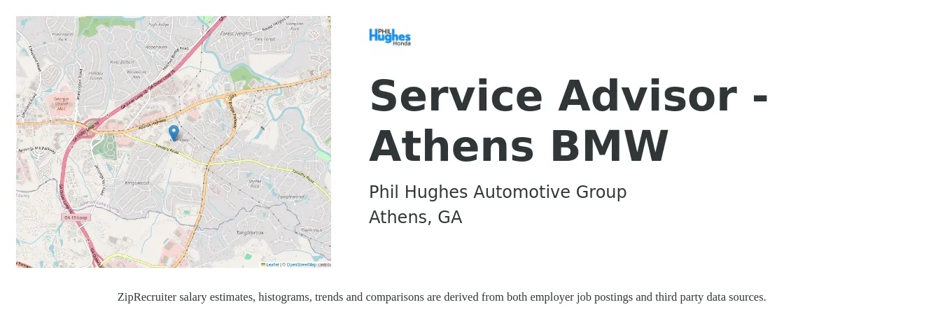 Phil Hughes Automotive Group job posting for a Service Advisor - Athens BMW in Athens, GA with a salary of $18 to $30 Hourly with a map of Athens location.
