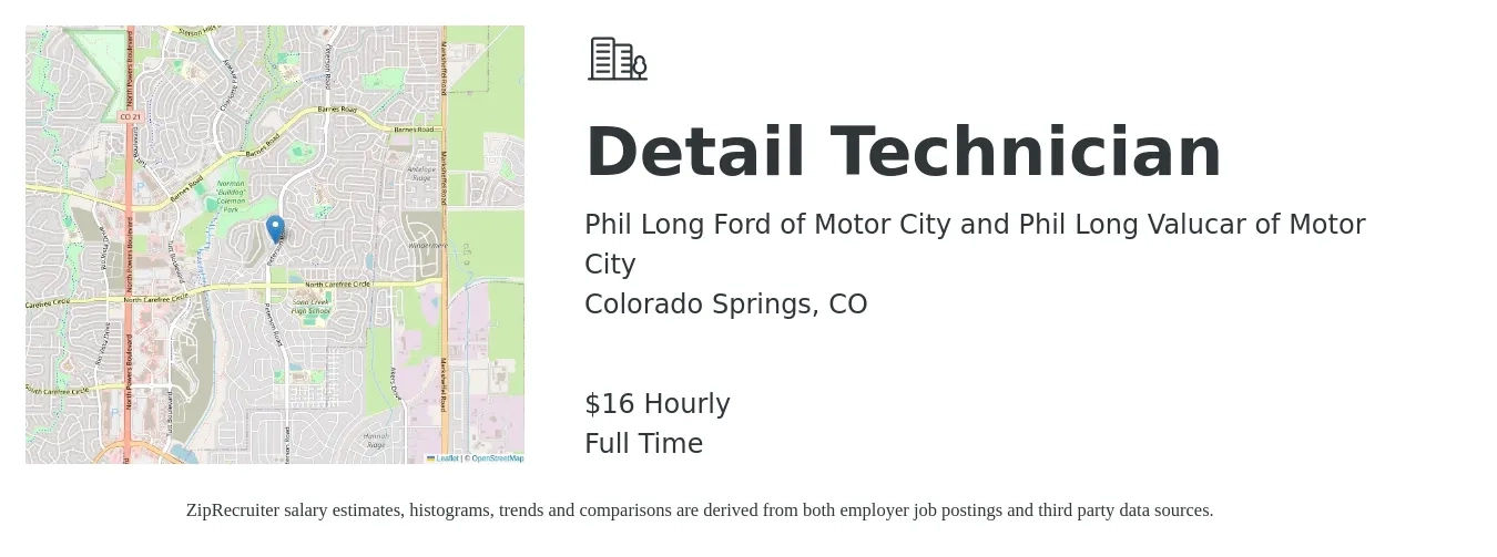 Phil Long Ford of Motor City and Phil Long Valucar of Motor City job posting for a Detail Technician in Colorado Springs, CO with a salary of $17 to $18 Hourly with a map of Colorado Springs location.
