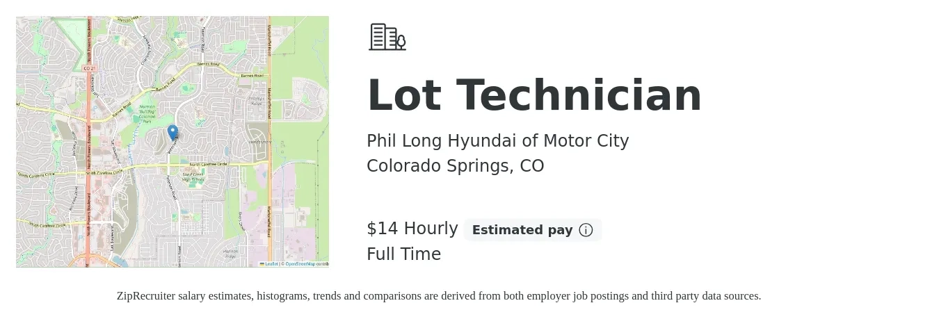 Phil Long Hyundai of Motor City job posting for a Lot Technician in Colorado Springs, CO with a salary of $15 Hourly with a map of Colorado Springs location.