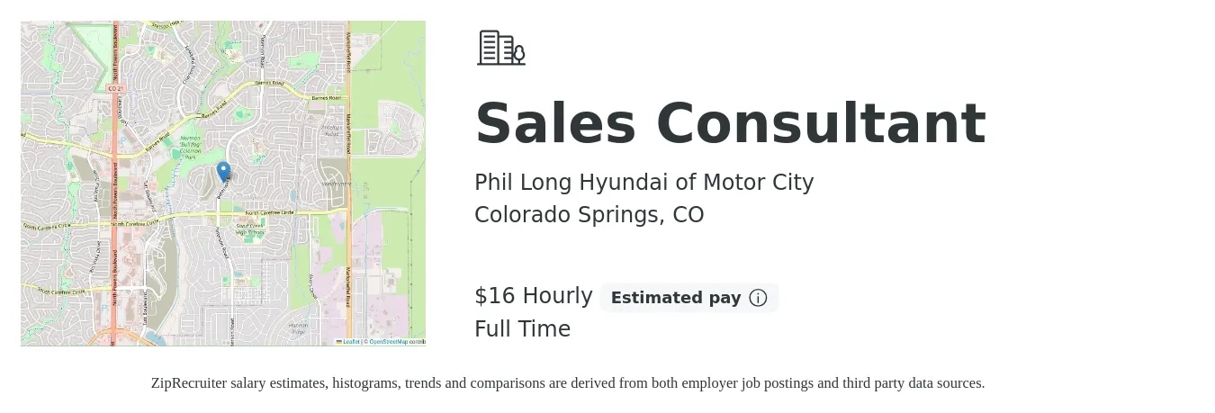 Phil Long Hyundai of Motor City job posting for a Sales Consultant in Colorado Springs, CO with a salary of $35,000 to $313,000 Yearly with a map of Colorado Springs location.