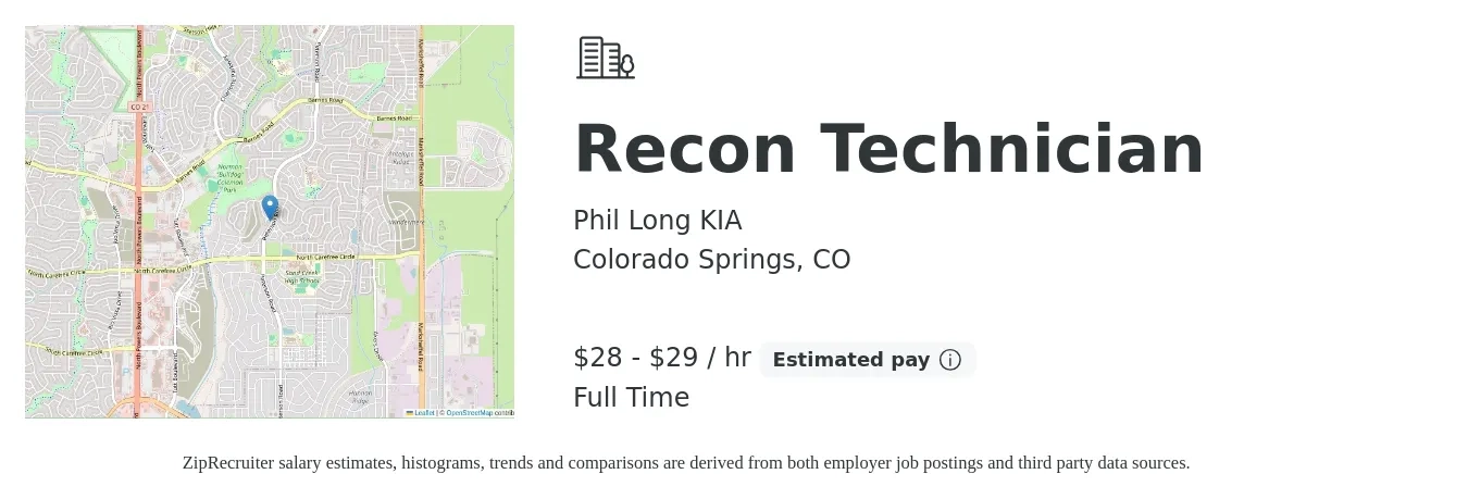 Phil Long KIA job posting for a Recon Technician in Colorado Springs, CO with a salary of $30 to $31 Hourly with a map of Colorado Springs location.