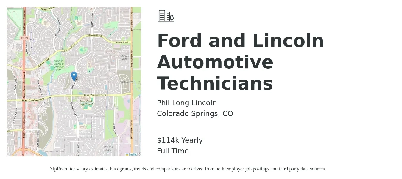 Phil Long Lincoln job posting for a Ford and Lincoln Automotive Technicians in Colorado Springs, CO with a salary of $35,000 to $114,000 Yearly with a map of Colorado Springs location.