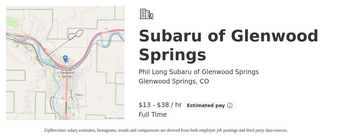 Phil Long Subaru of Glenwood Springs job posting for a Subaru of Glenwood Springs in Glenwood Springs, CO with a salary of $14 to $40 Hourly with a map of Glenwood Springs location.